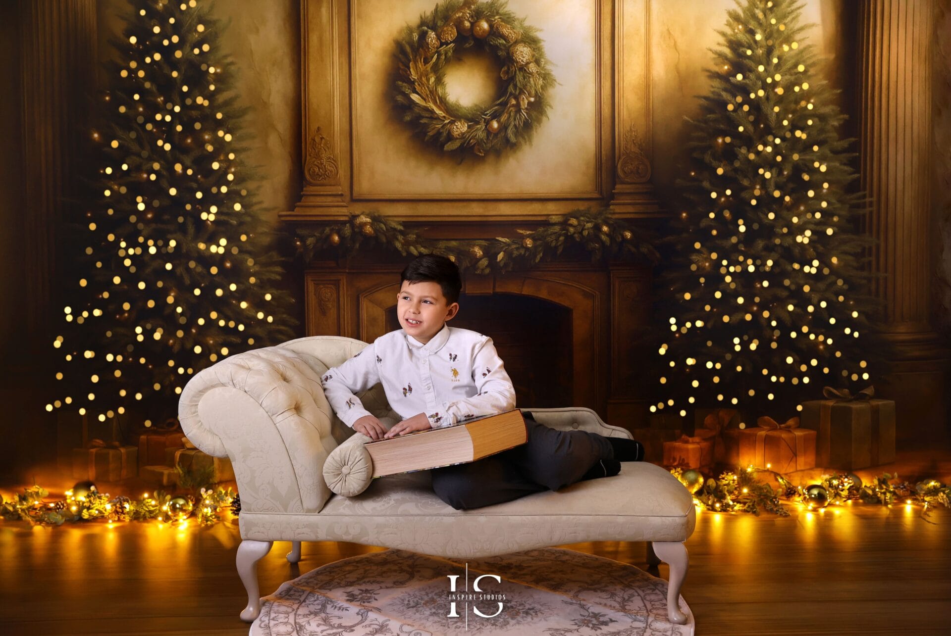 Mother and son Christmas portraits with classic holiday décor