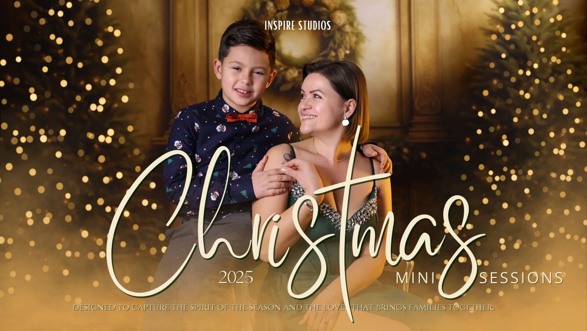 Mother and son Christmas family portrait in London, festive holiday photoshoot with warm seasonal styling