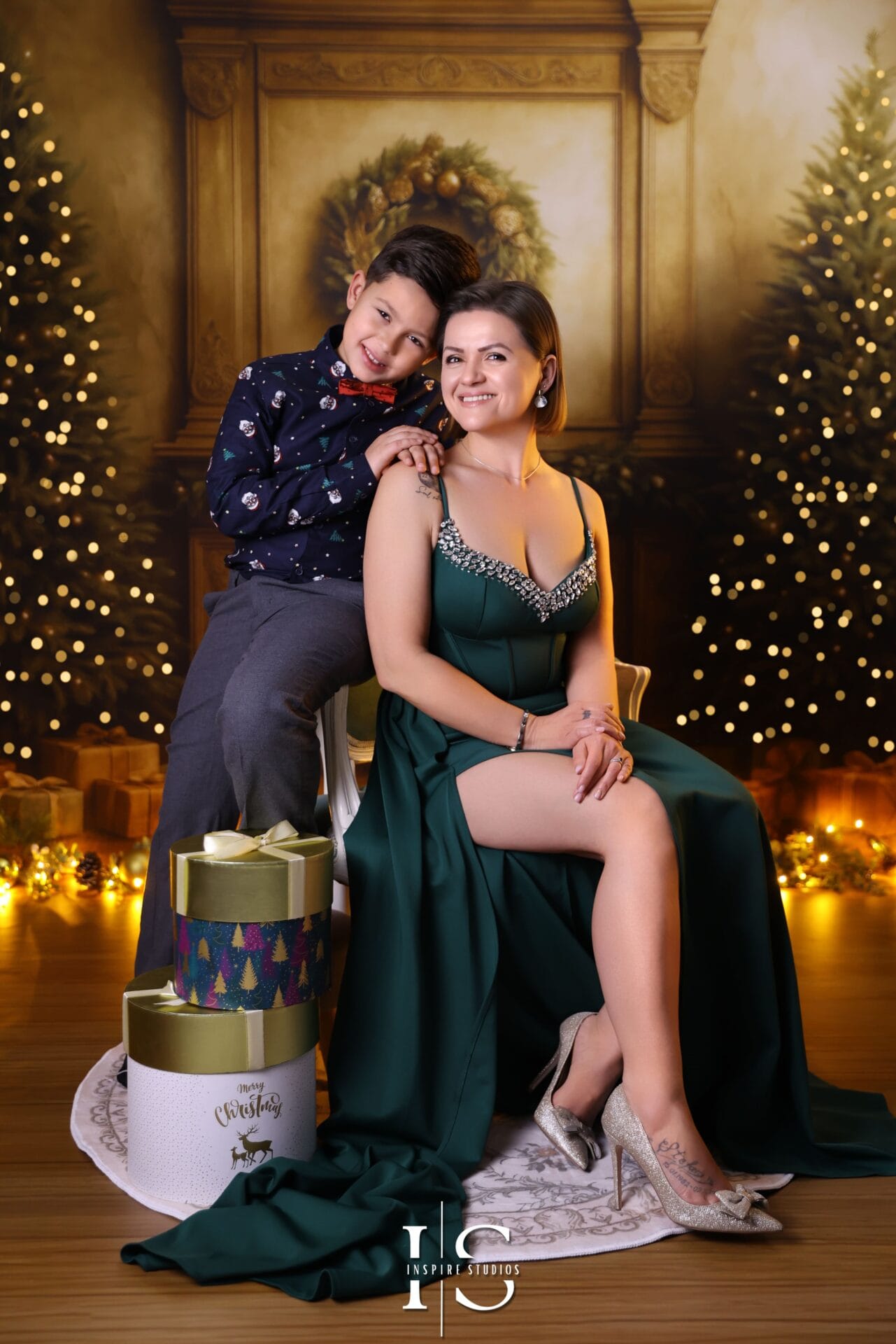 Mother and son Christmas photo with elegant festive styling
