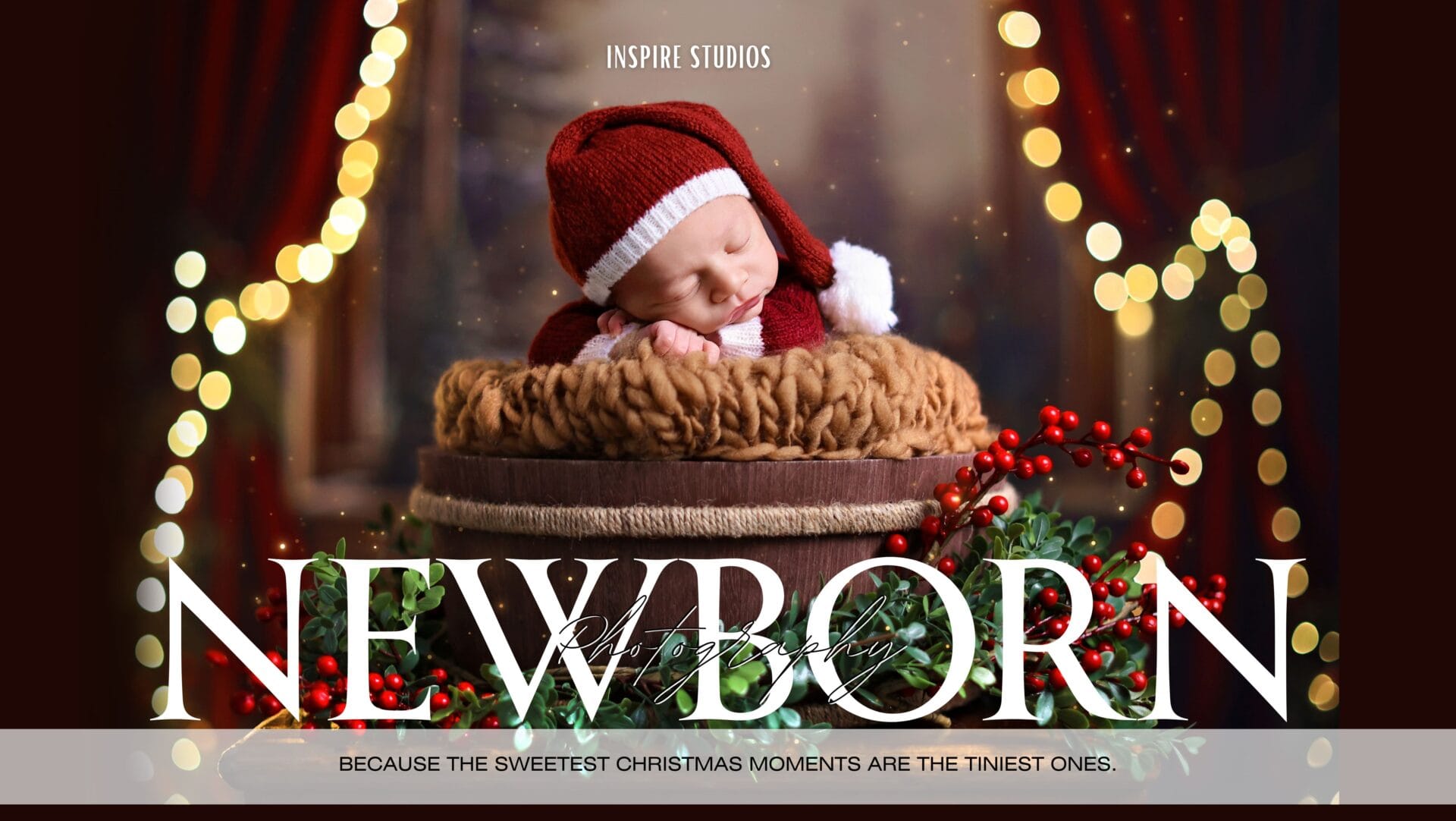 Newborn studio photoshoot in London with festive Christmas décor, holiday-themed outfits, and soft, heartwarming portraits.