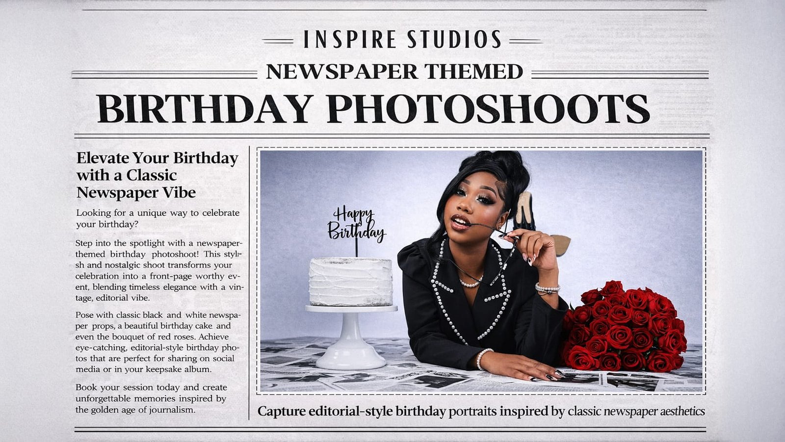 Luxury newspaper-themed birthday photoshoot in a London studio, featuring an editorial portrait with classic black-and-white newspaper styling.
