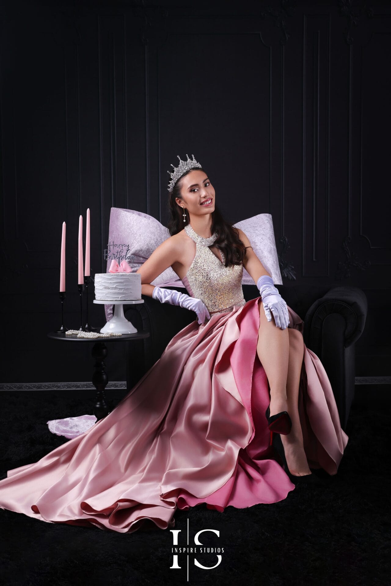 Filipino girl 18th birthday debut photoshoot with elegant gown and luxury studio portrait setup.