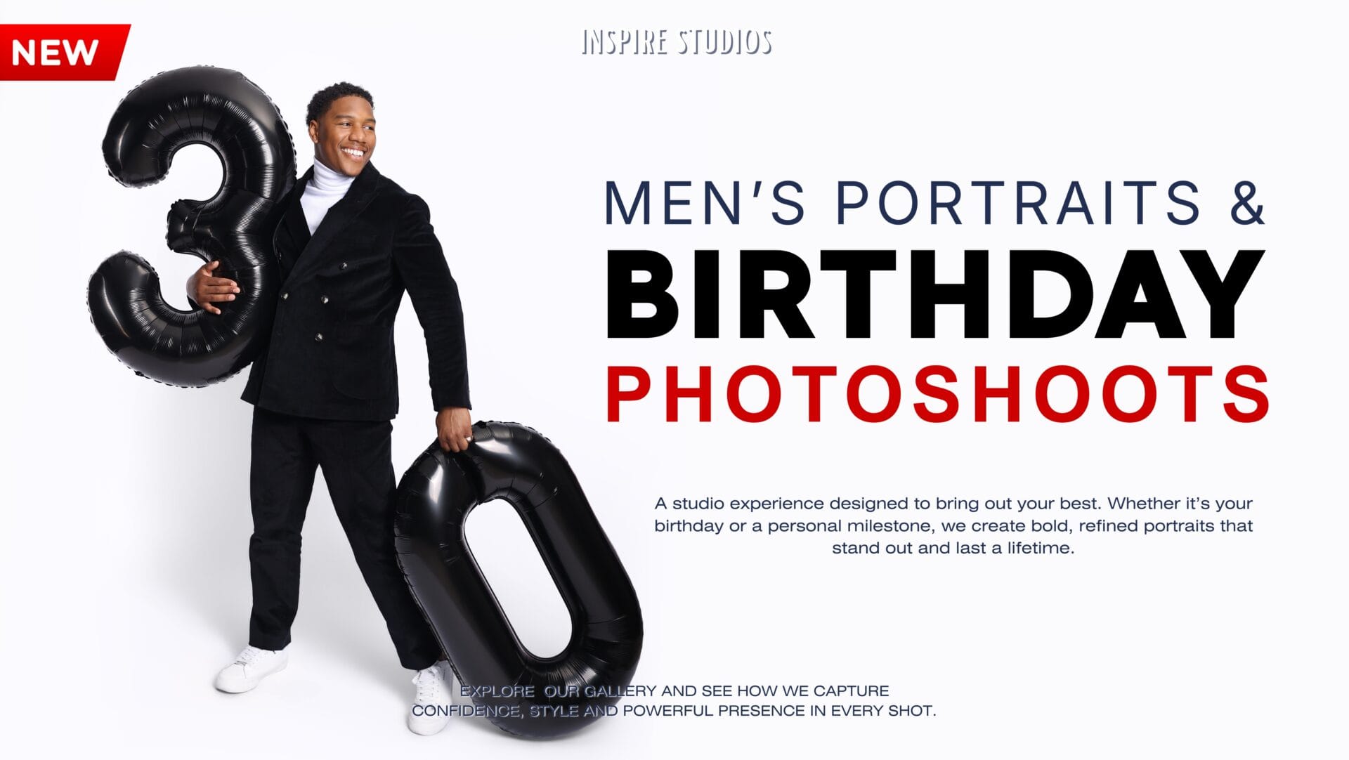 Men’s portrait and studio birthday photoshoot with minimal background and confident posing