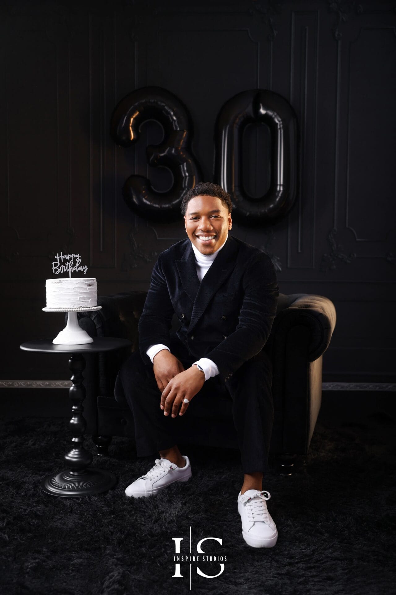 Modern mens portrait with dark aesthetic studio lighting birthday photoshoot