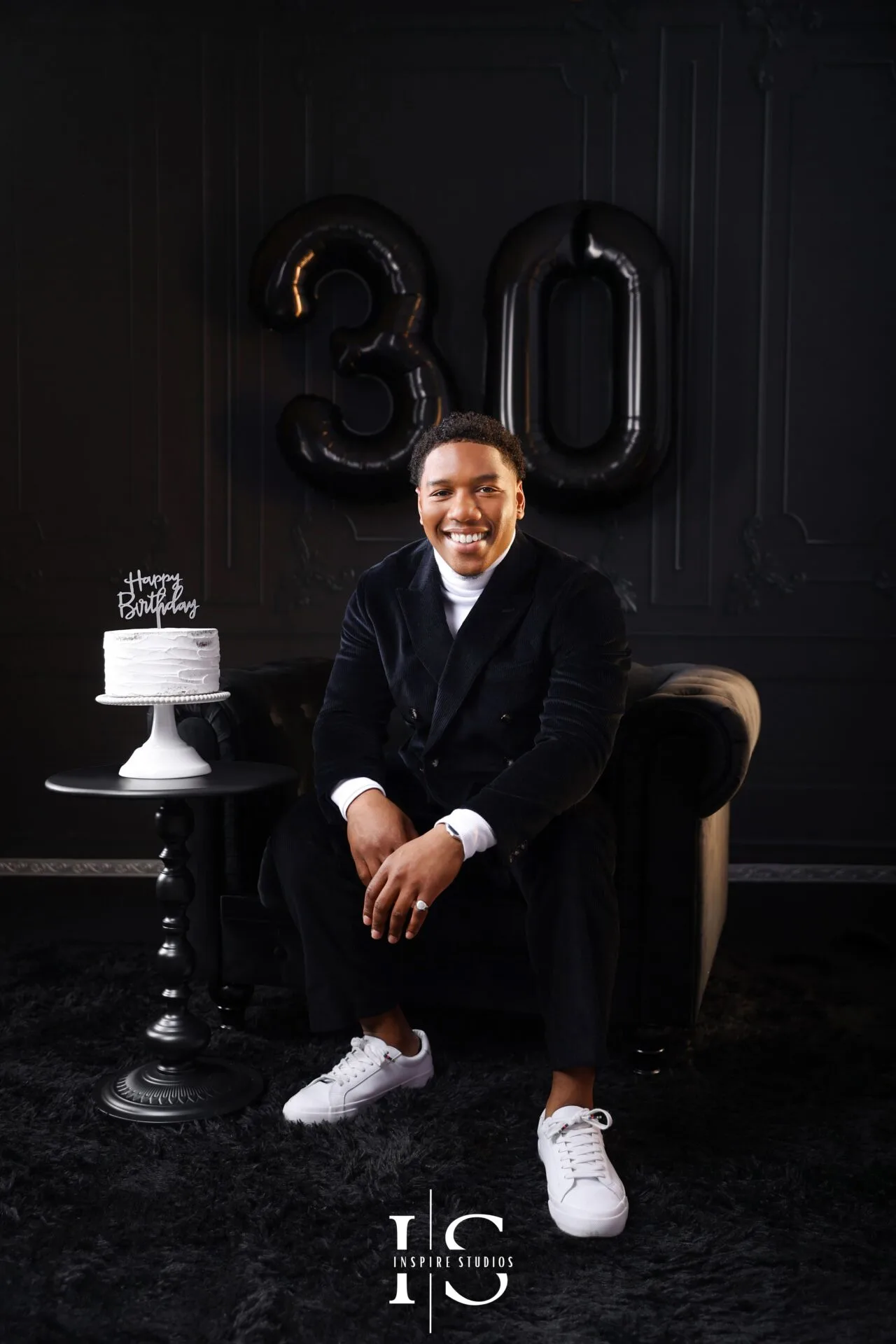 Modern mens portrait with dark aesthetic studio lighting birthday photoshoot