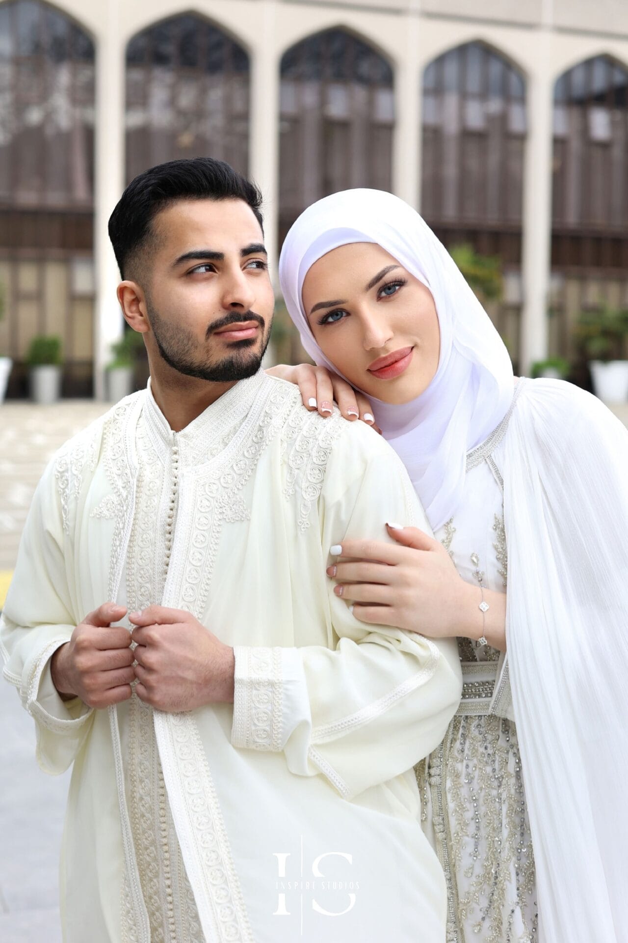 Muslim bride and groom Nikkah portraits at London Central Mosque Regent’s Park London mosque