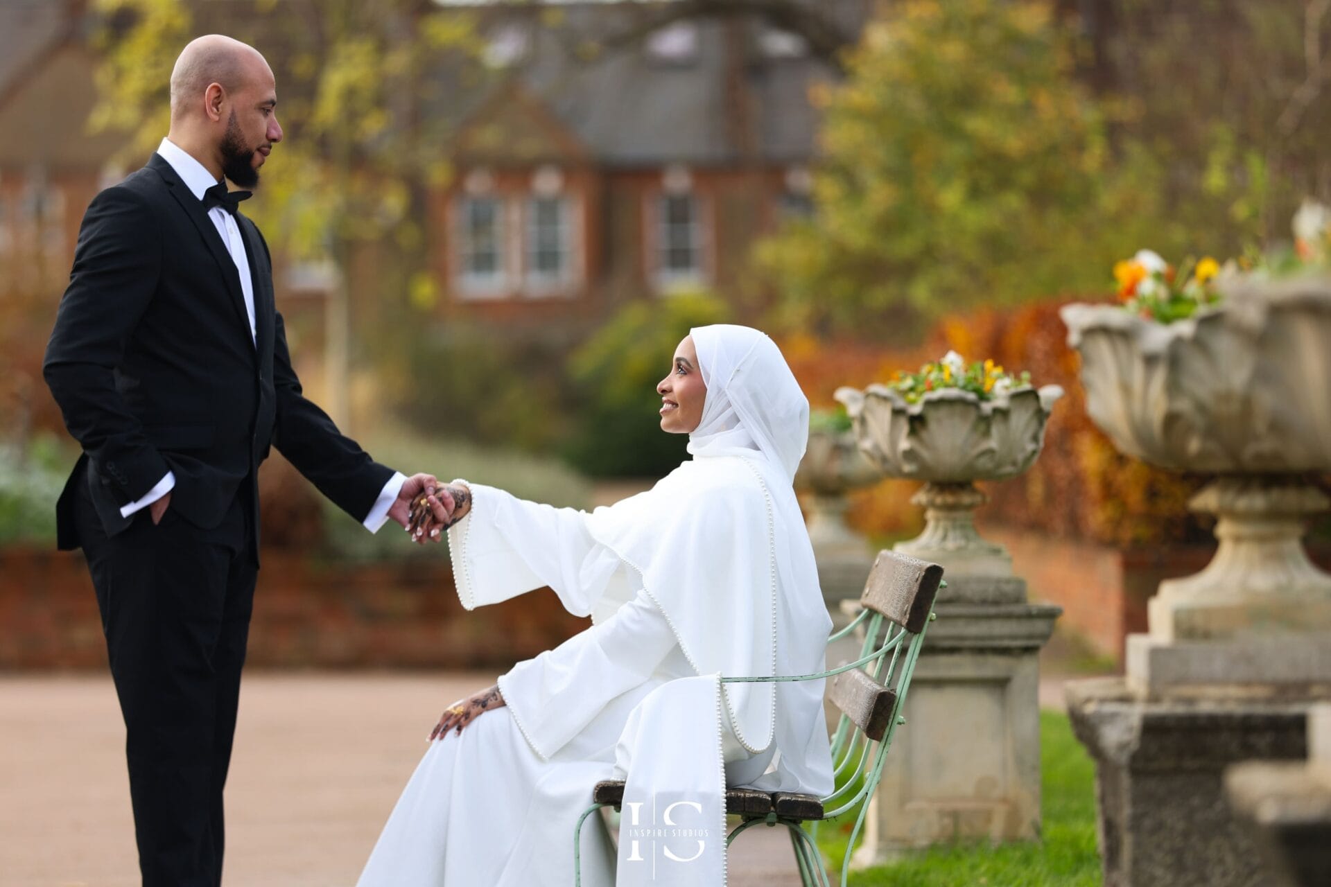 Muslim engagement photoshoot at Lloyd Park London with modest couple portraits