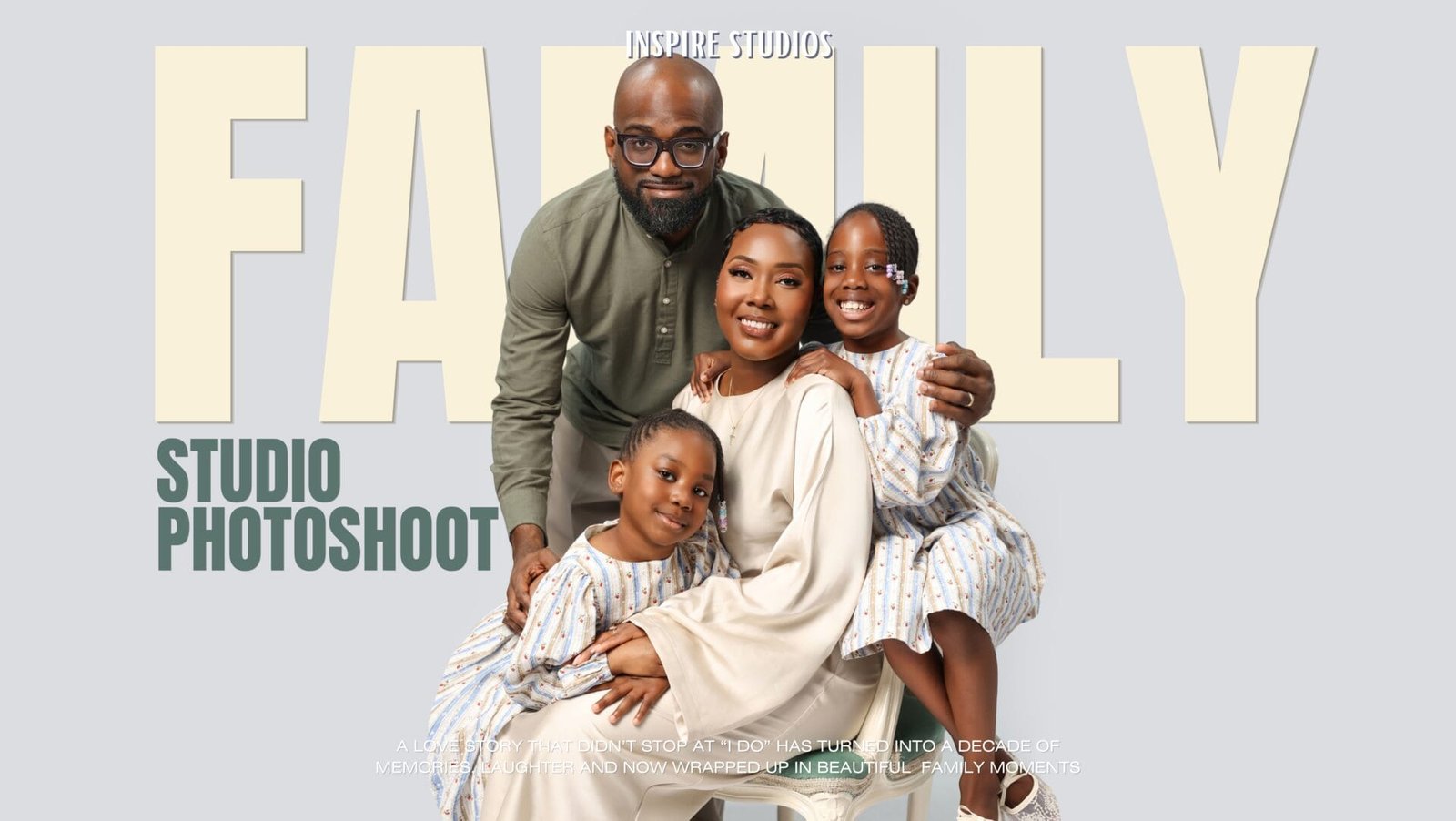 10th anniversary studio family photo session in London at Inspire Studios Walthamstow, celebrating a couple and their children with elegant family portraits.
