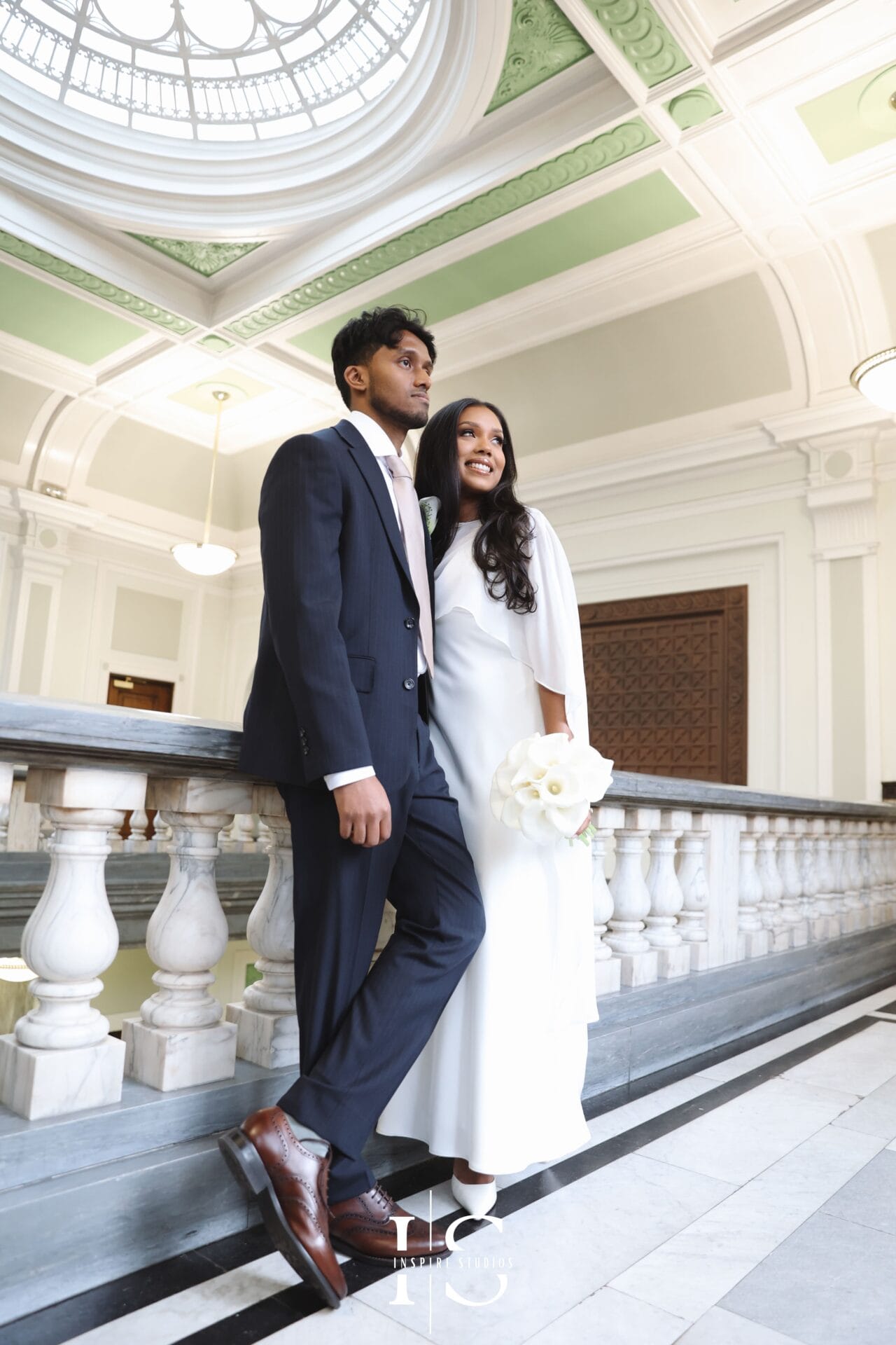 Couple portrait at Islington Town Hall registry wedding London