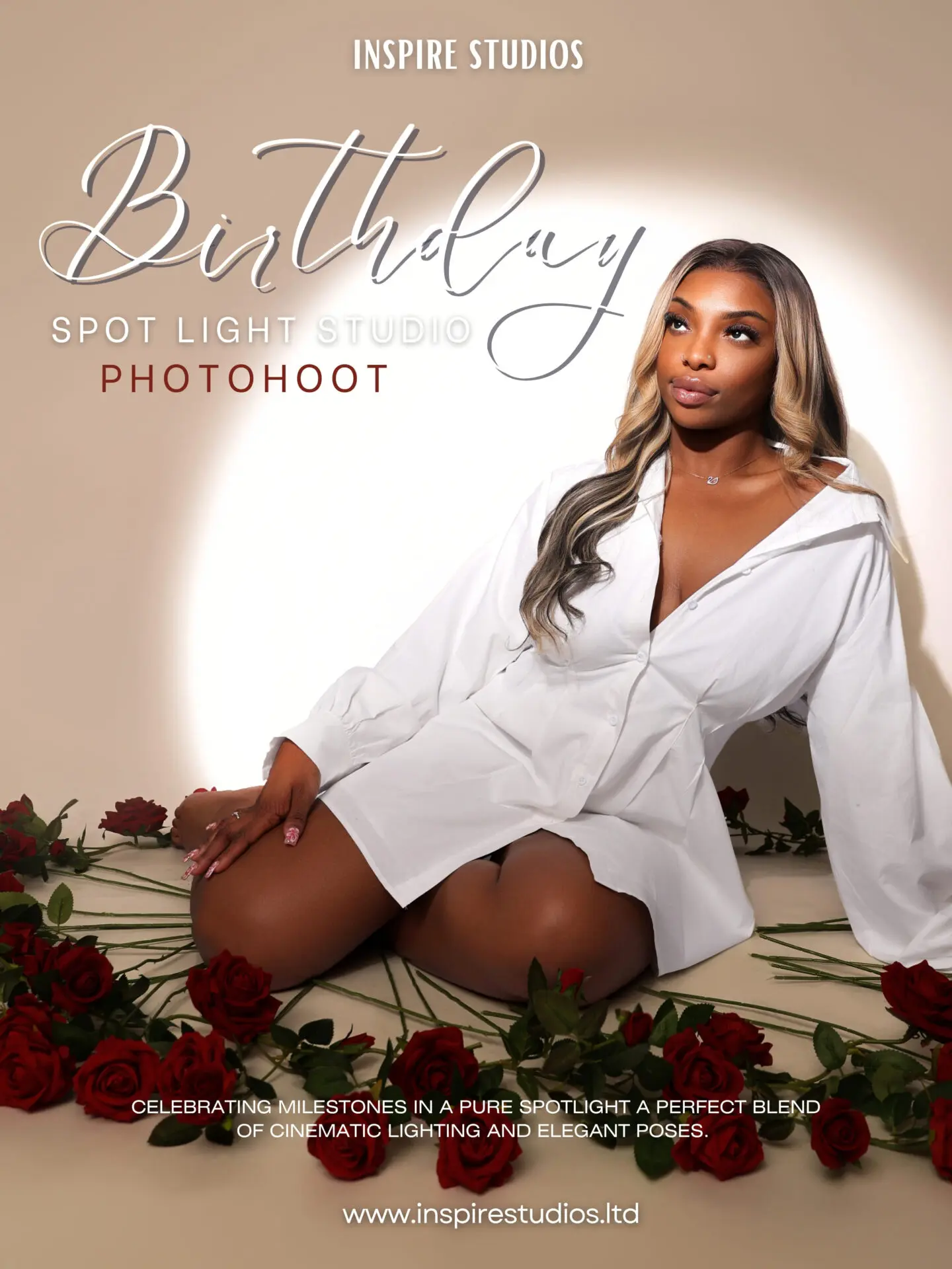 Spotlight birthday studio photoshoot in London TikTok reel cover.