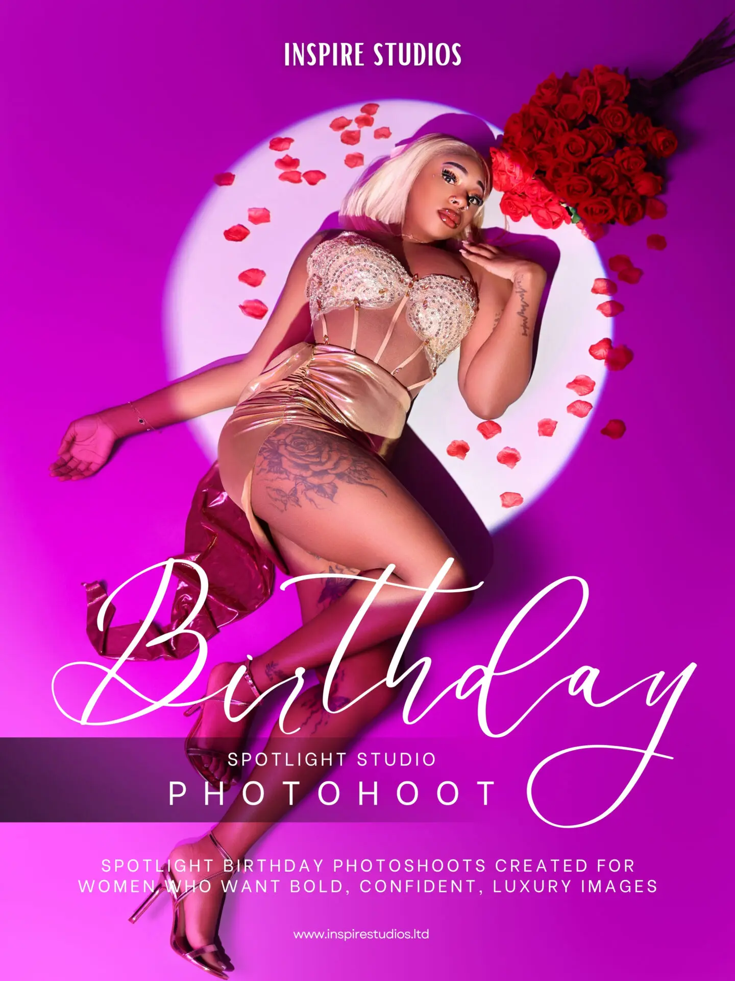 Birthday spotlight studio photoshoot London TikTok reel cover.