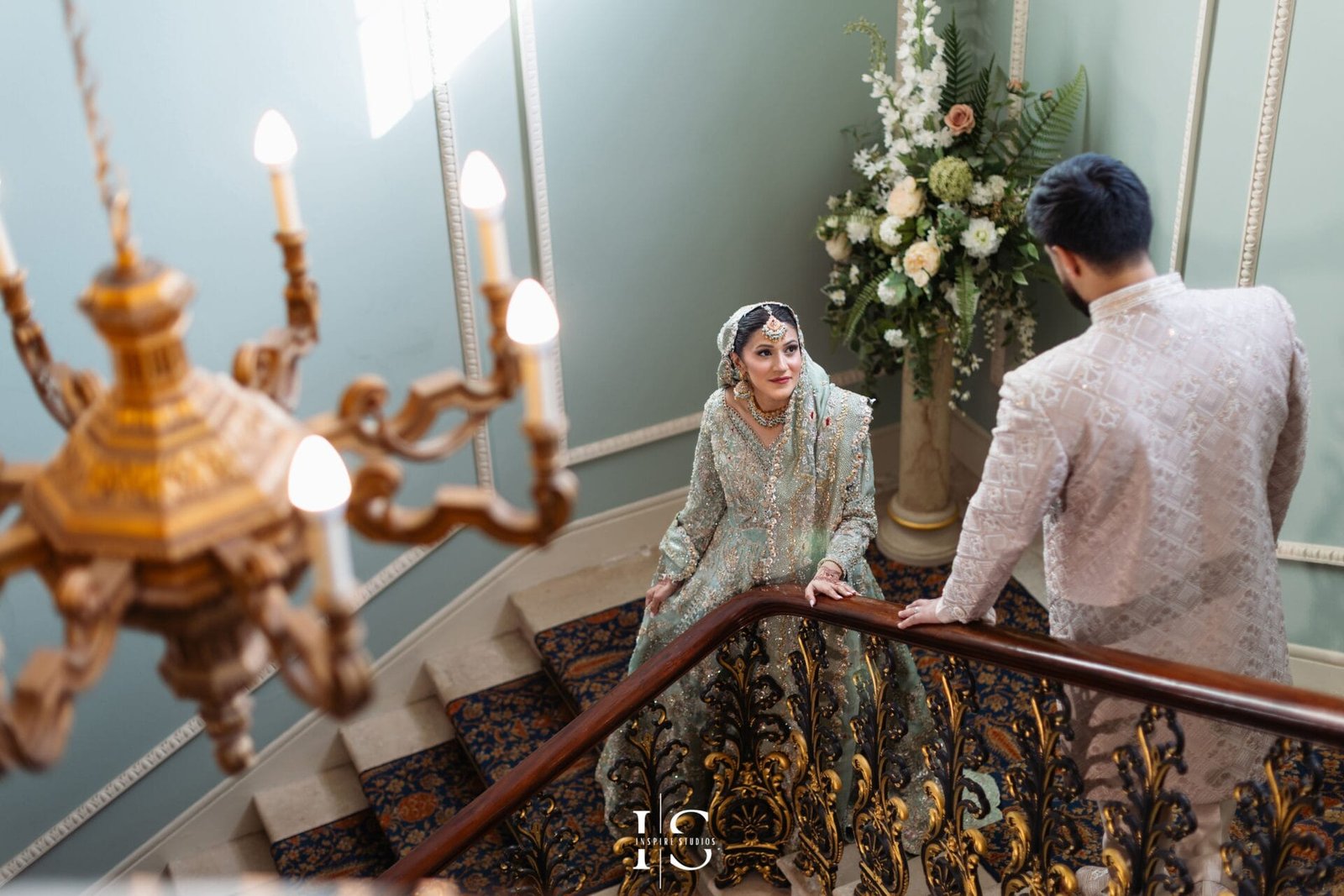 Wedding portrait photographed on the Grand Staircase at Hylands House.