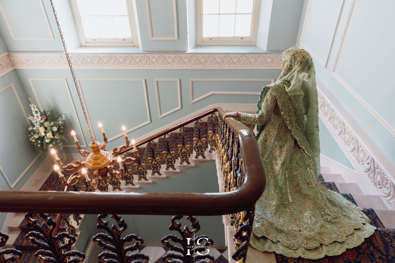 Bridal portrait photographed on the Grand Staircase inside Hylands House.