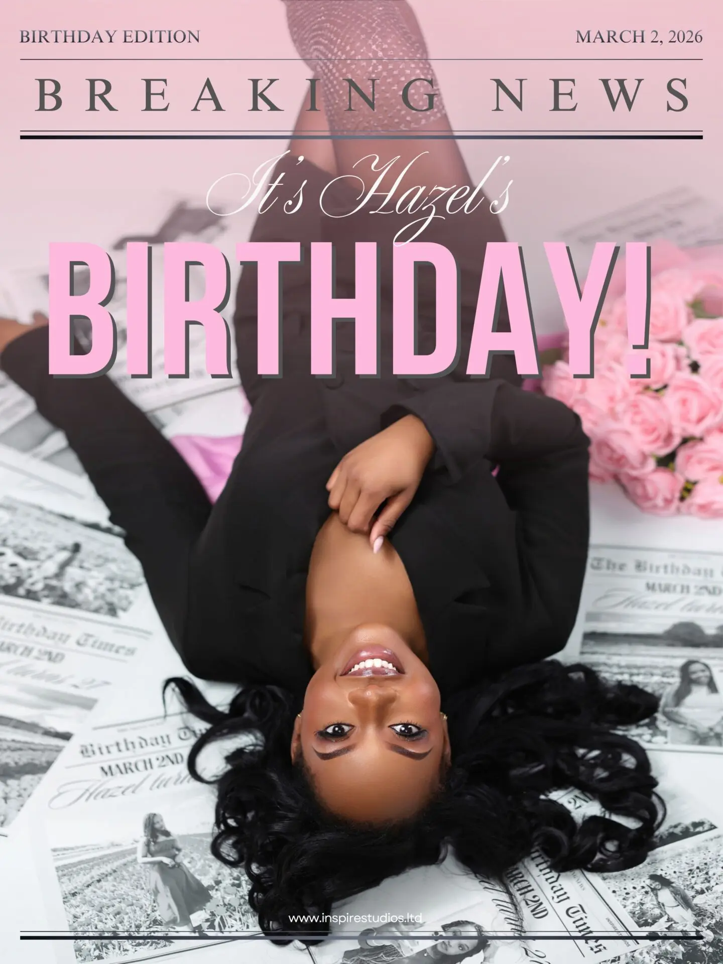 Newspaper studio birthday photoshoot ideas TikTok reel cover in London.