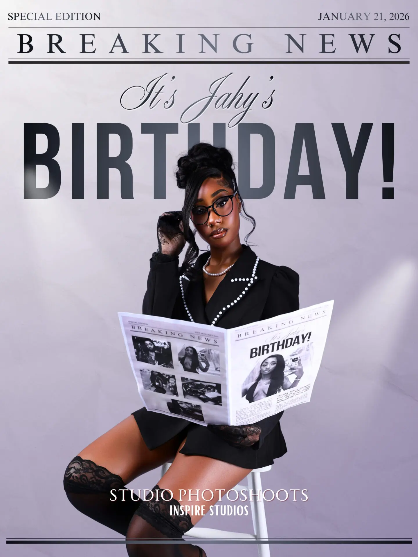 Newspaper theme birthday studio photoshoot ideas TikTok reel cover at Inspire Studios London.