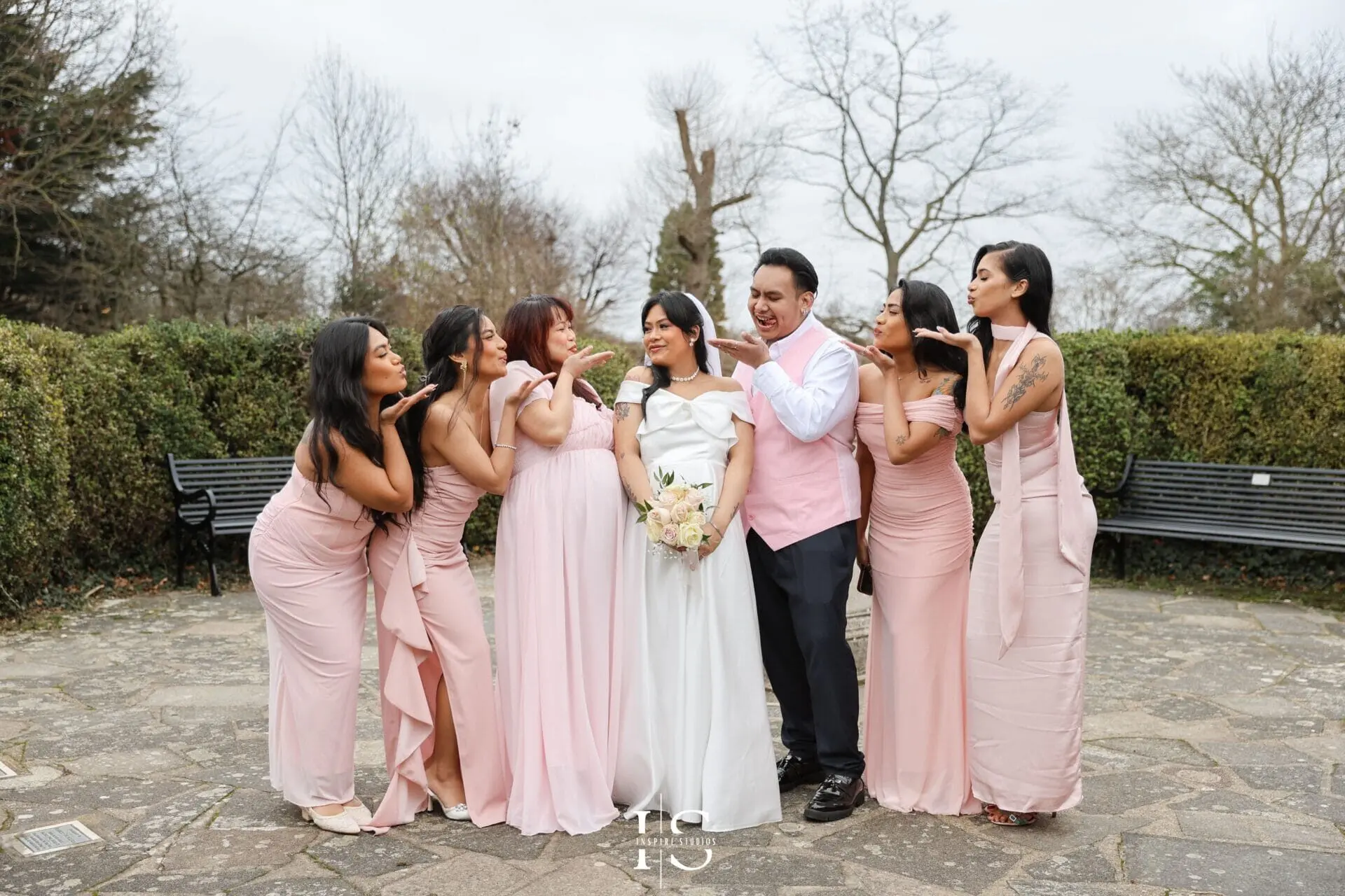 Filipino registry wedding couple photographed together outside Danson House after their civil ceremony in Bexley.