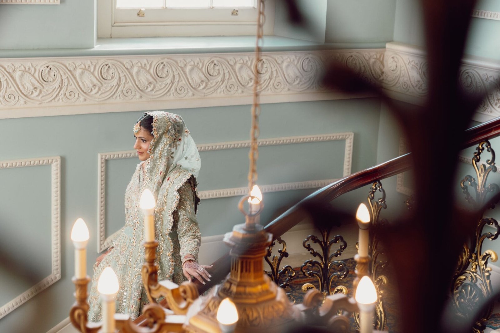 Grand Staircase prepared for wedding photography at Hylands House in Chelmsford, Essex.