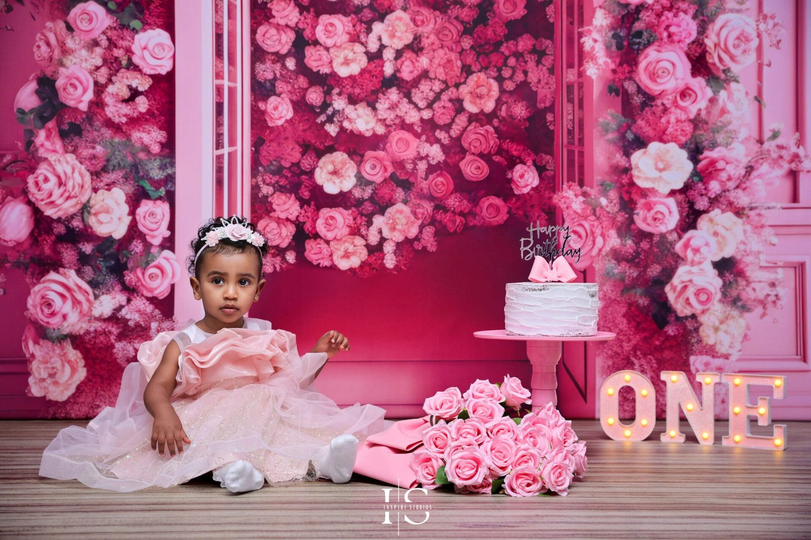First birthday baby girl pink roses themed photoshoot in London