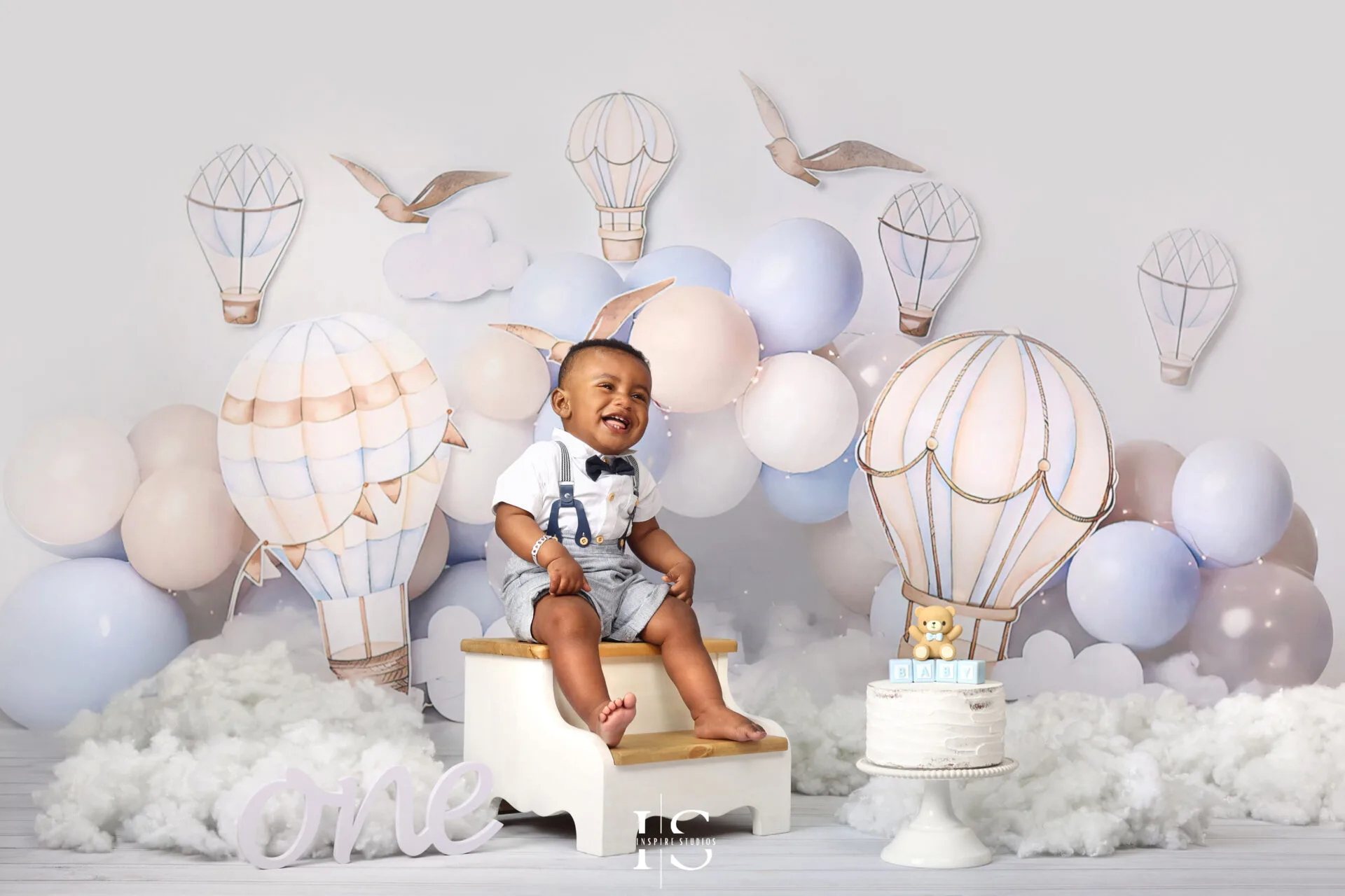 First birthday boy hot air balloon themed photoshoot in London