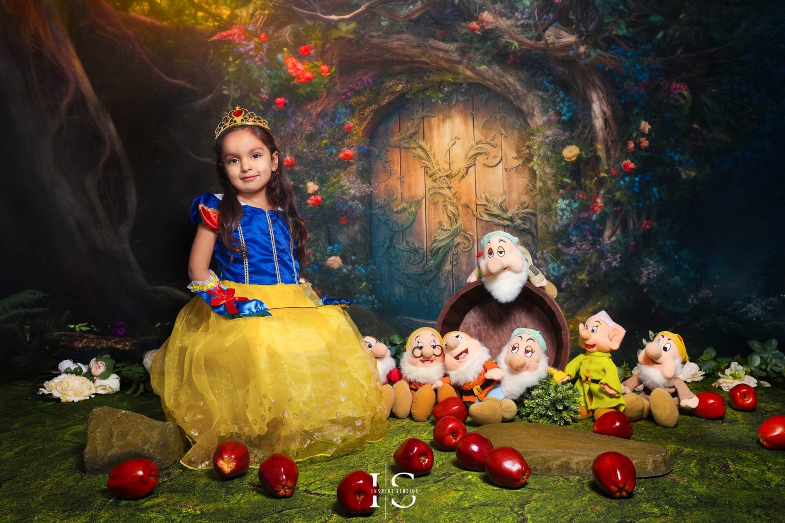 Child dressed as Snow White during a fairytale studio photoshoot at Inspire Studios in Walthamstow, London.