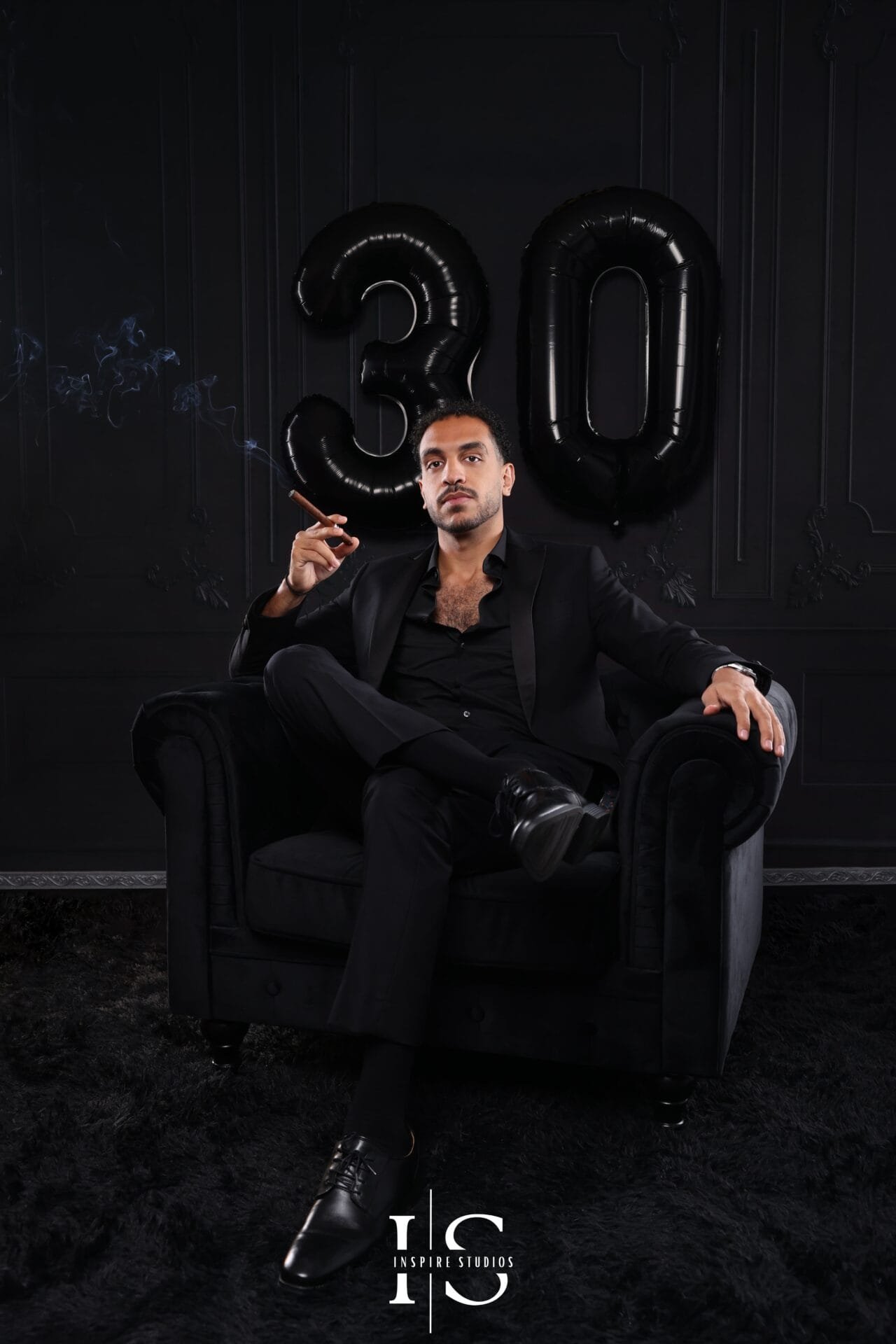Man celebrating his 30th birthday with a professional studio portrait session in London.