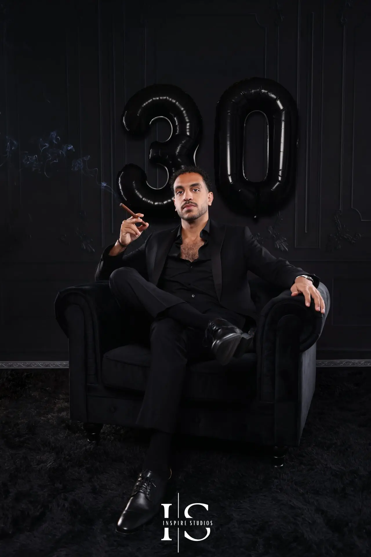 Man celebrating his 30th birthday with a professional studio portrait session in London.